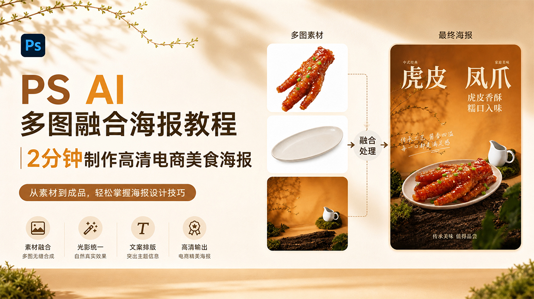 PS AI多图融合海报教程｜2分钟制作高清电商美食海报