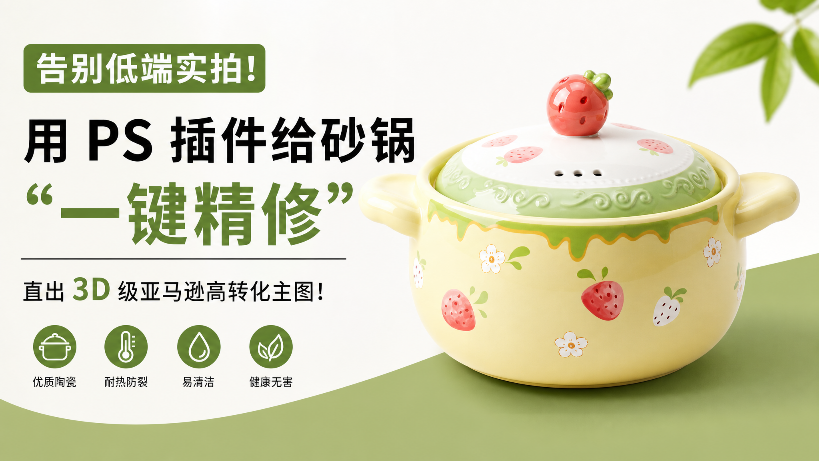 告别低端实拍！用 PS插件给砂锅“一键精修”，直出 3D 级亚马逊高转化主图！