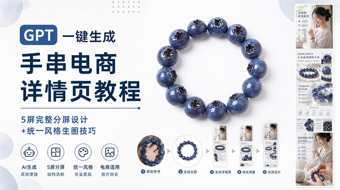 GPT一键生成手串电商详情页教程｜5屏完整分屏设计+统一风格生图技巧
