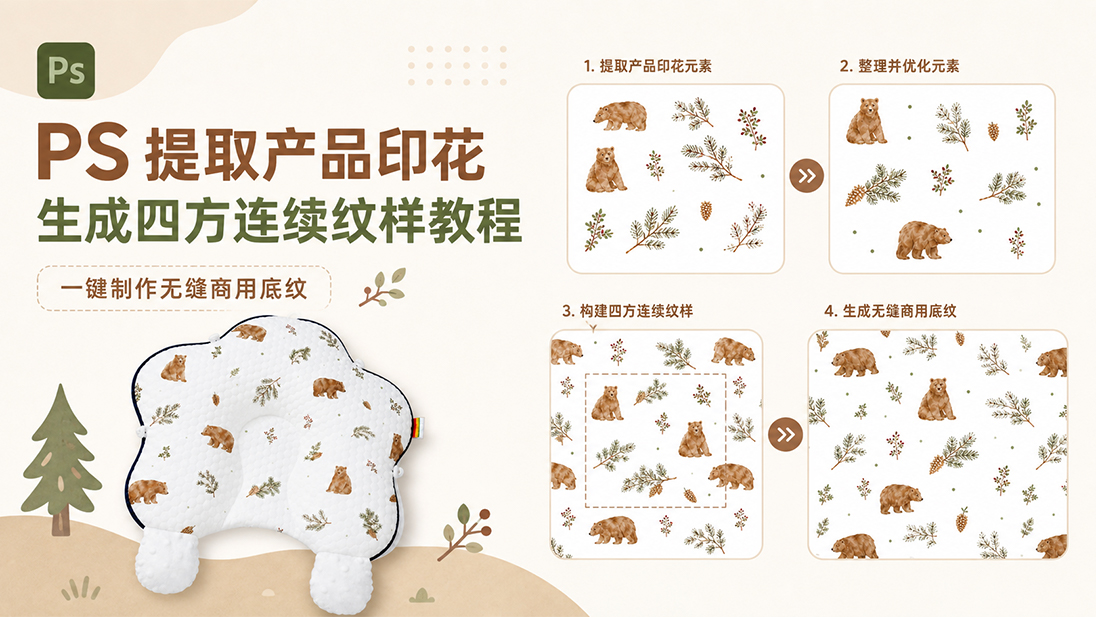 PS提取产品印花生成四方连续纹样教程｜一键制作无缝商用底纹