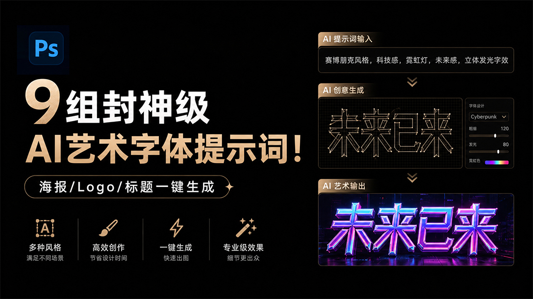 9组封神级AI艺术字体提示词！海报/Logo/标题一键生成