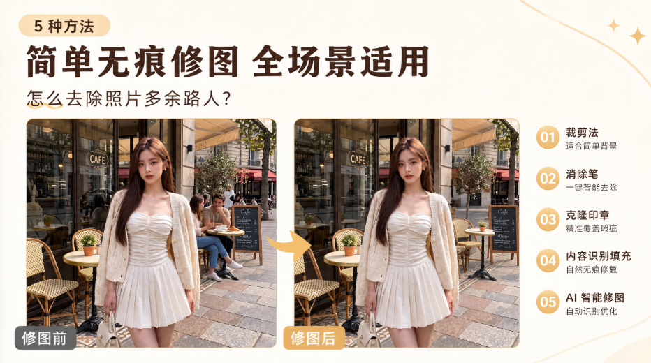 PS 怎么去除照片多余路人?5 种方法简单无痕修图全场景适用