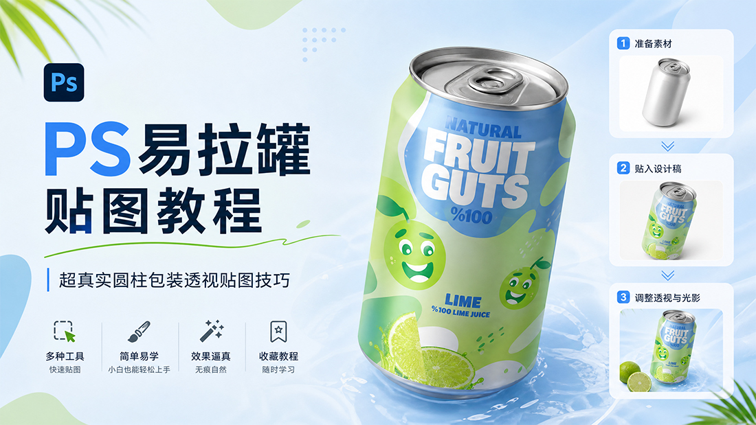 PS易拉罐贴图教程｜超真实圆柱包装透视贴图技巧
