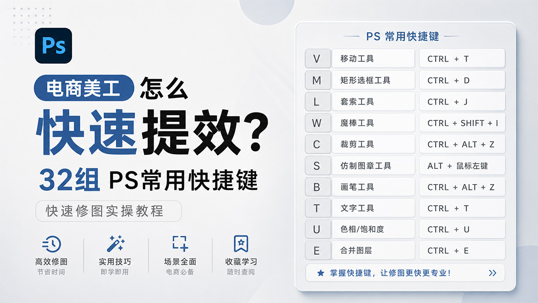 电商美工怎么快速提效？32组PS常用快捷键快速修图实操教程