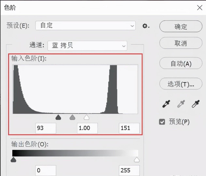 PS 通道副本色阶调整面板,拖动黑白滑块强化发丝与背景黑白反差实操截图