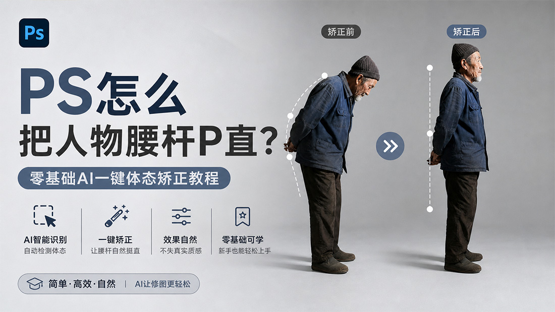 PS怎么把人物腰杆P直？零基础AI一键体态矫正教程