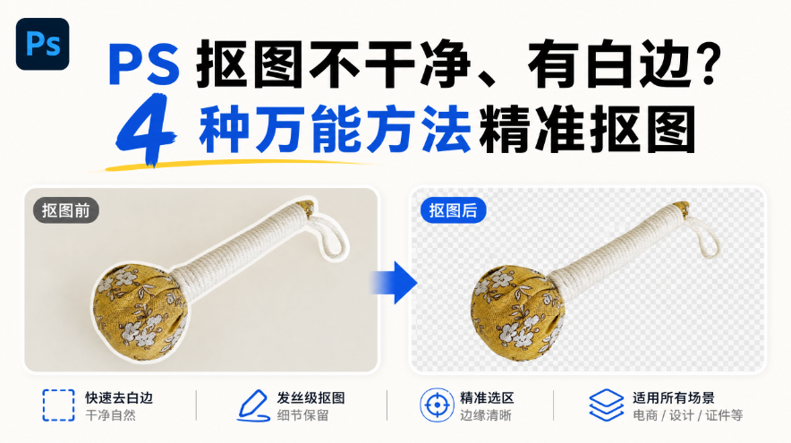 PS 抠图不干净、有白边?4 种万能方法精准抠图一键透明底