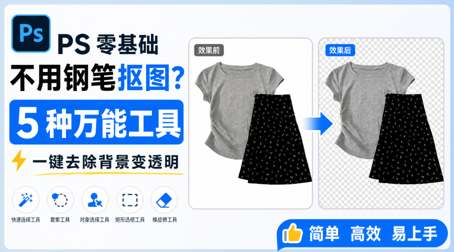 PS 零基础不用钢笔抠图?5 种万能工具,一键去除背景变透明