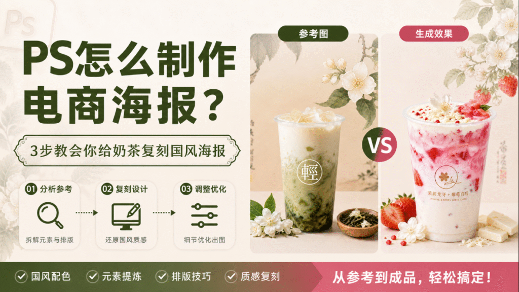PS怎么制作电商海报？3步教会你给奶茶复刻国风海报