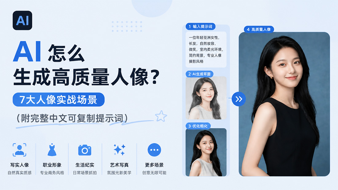 AI怎么生成高质量人像？7大人像实战场景（附完整中文可复制提示词）