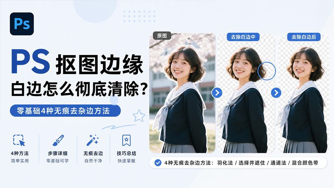 PS抠图边缘白边怎么彻底清除？零基础4种无痕去杂边方法