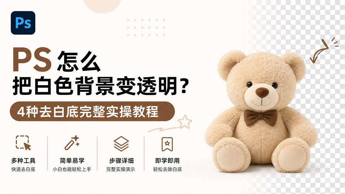 PS怎么把白色背景变透明？4种去白底完整实操教程