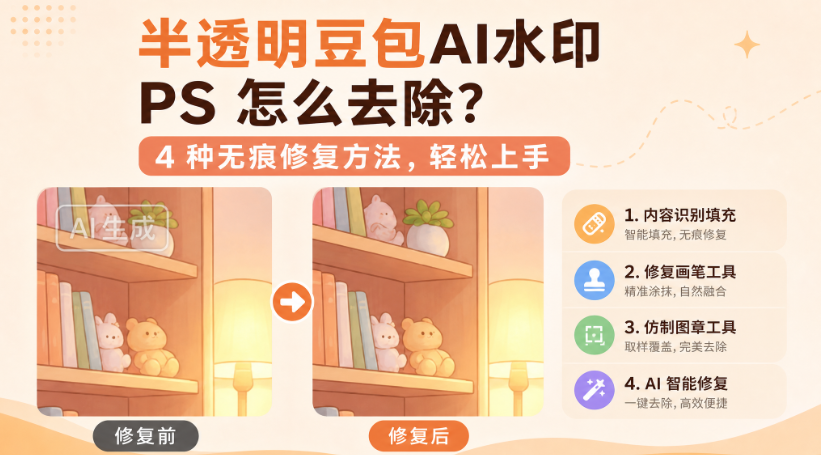 半透明豆包AI水印 PS 怎么去除？4 种无痕修复方法，轻松上手