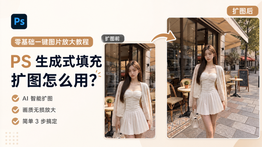 PS 生成式填充扩图怎么用？零基础一键图片放大教程