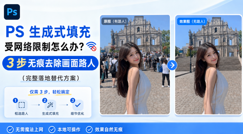 PS 生成式填充受网络限制怎么办？3 步无痕去除画面路人（完整落地替代方案）