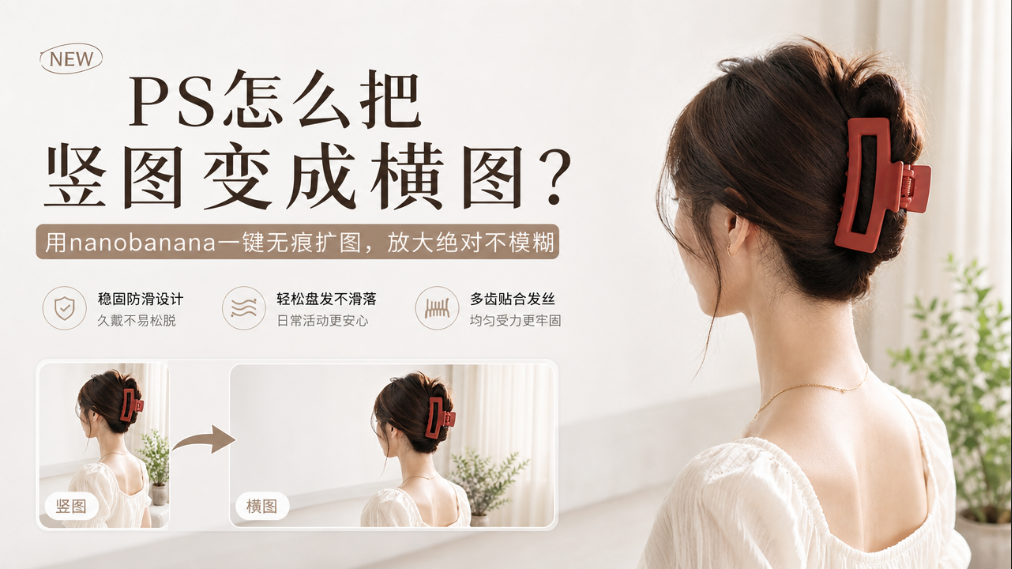 PS怎么把竖图变成横图?用nanobanana一键无痕扩图,放大绝对不模糊