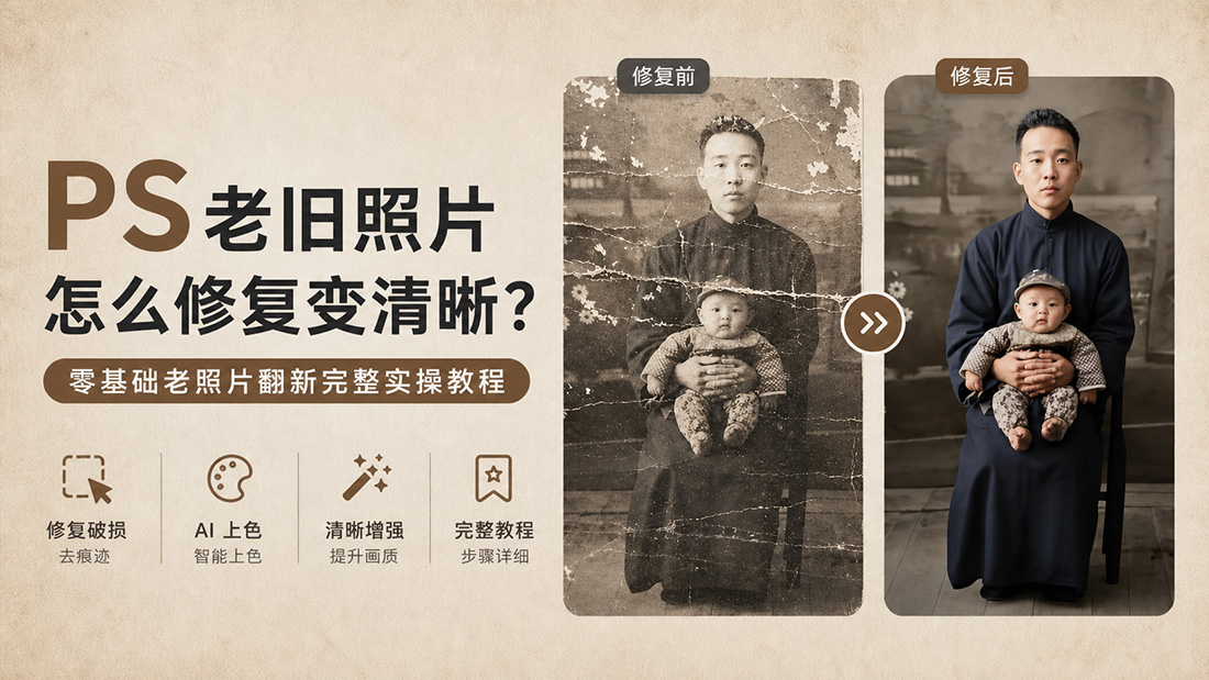 PS老旧照片怎么修复变清晰？零基础老照片翻新完整实操教程