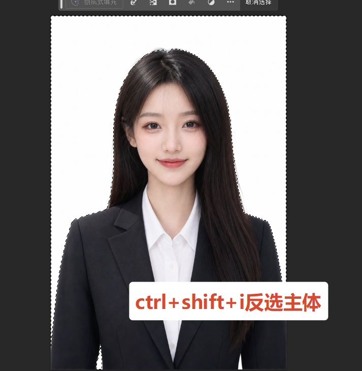 选区完成后按下 Ctrl+Shift+I 反选主体