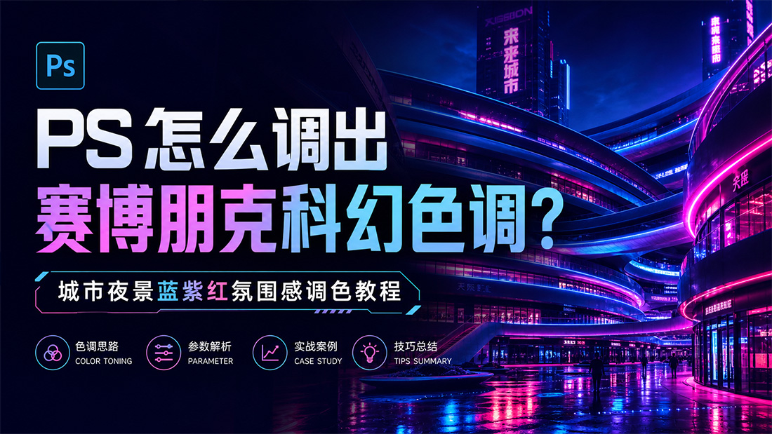 PS怎么调出赛博朋克科幻色调？城市夜景蓝紫红氛围感调色教程