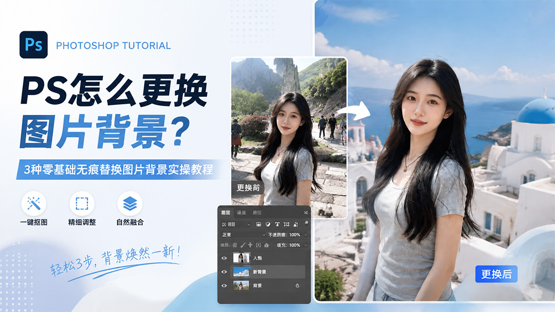 PS怎么更换图片背景？3种零基础无痕替换图片背景实操教程