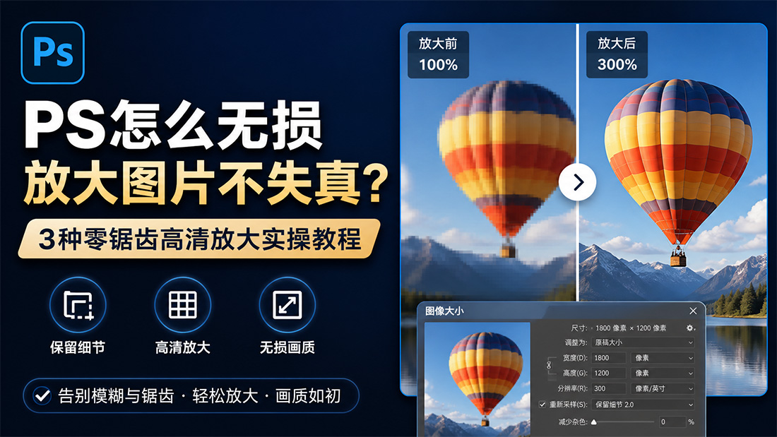 PS怎么无损放大图片不失真？3种零锯齿高清放大实操教程