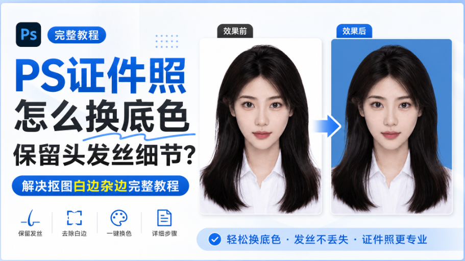 PS 证件照怎么换底色保留头发丝细节？解决抠图白边杂边完整教程