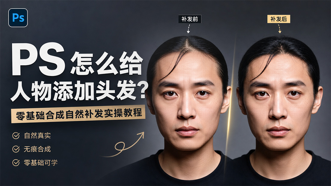PS怎么给人物添加头发？零基础合成自然补发实操教程