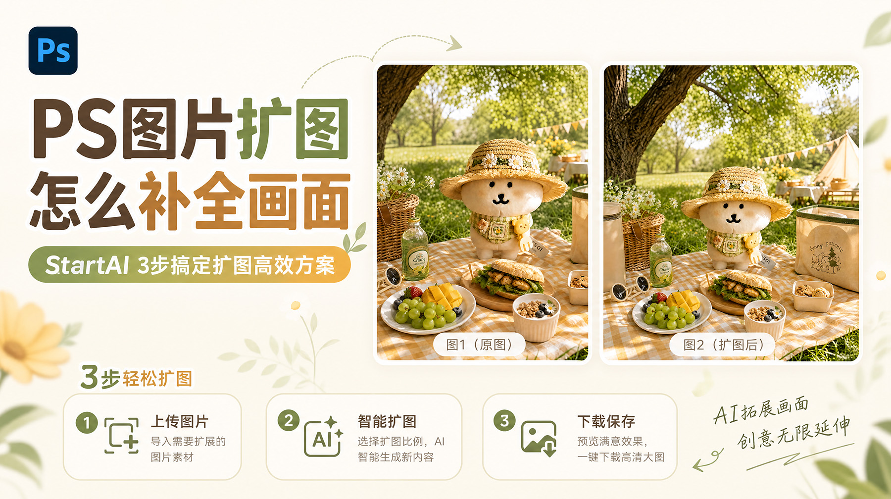 PS图片扩图怎么补全画面？StartAI 3步搞定扩图高效方案