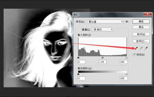 PS 通道抠图色阶调节窗口，复制通道加大对比度抠发丝