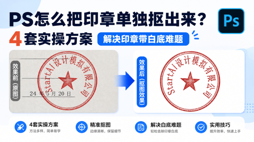 PS怎么把印章单独抠出来？4 套实操方案，解决印章带白底难题