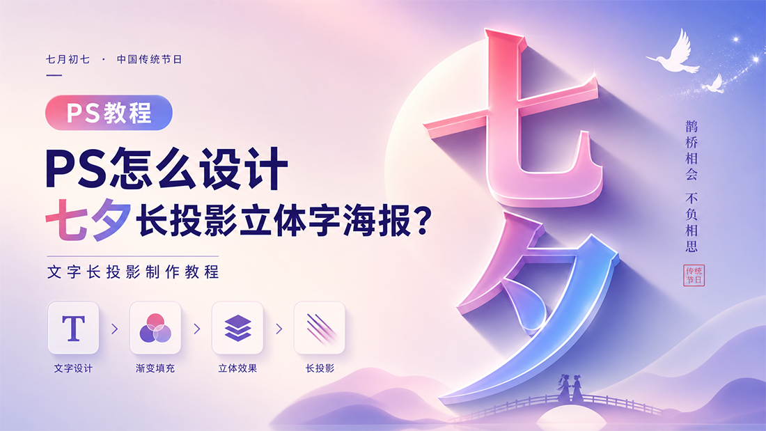 PS怎么设计七夕长投影立体字海报？文字长投影制作教程