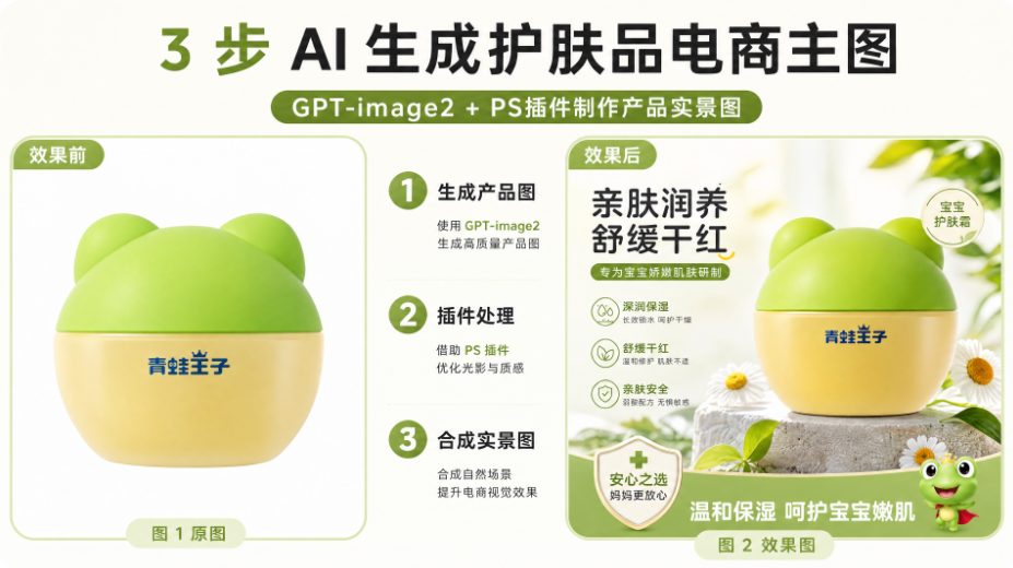 3 步 AI 生成护肤品电商主图：GPT-image2 + PS插件制作产品实景图