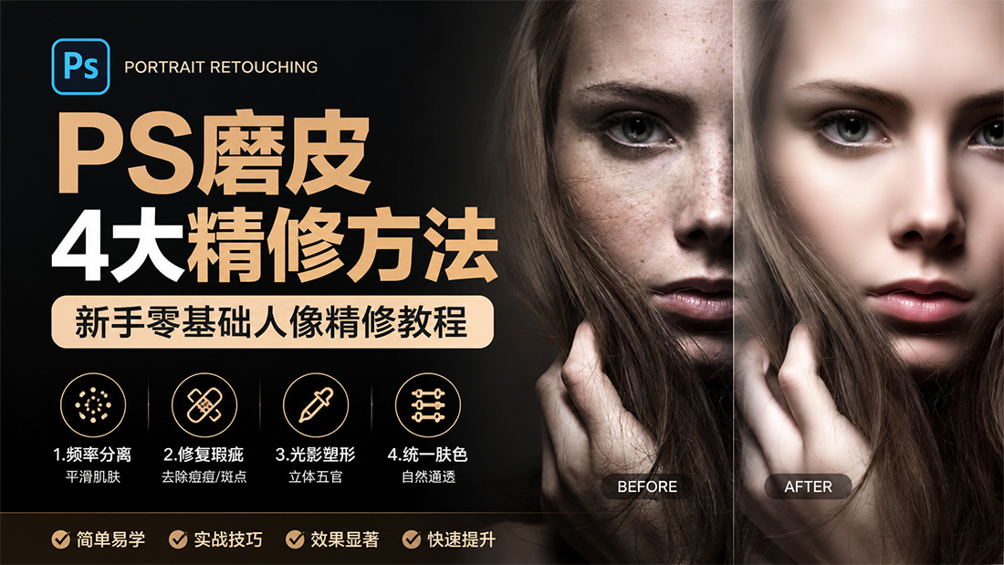PS磨皮4大精修方法，新手零基础人像精修教程