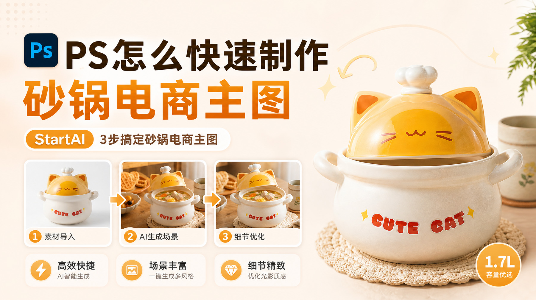 PS怎么快速制作砂锅电商主图？StartAI 3步搞定砂锅电商主图