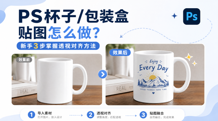 PS杯子/包装盒贴图怎么做?新手3步掌握透视对齐方法