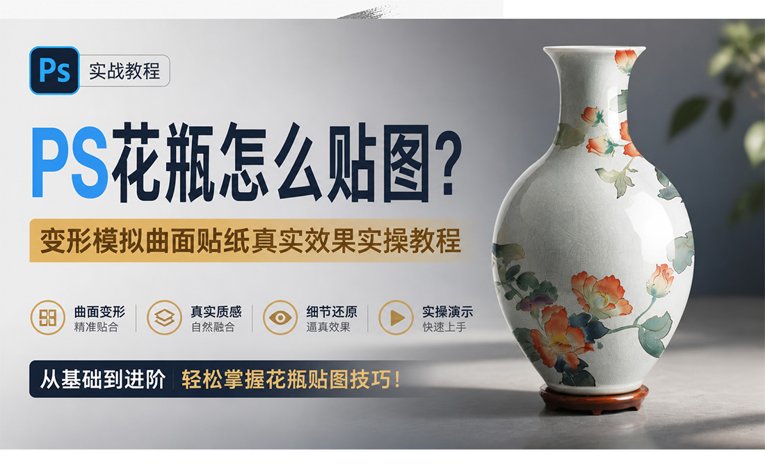 PS花瓶怎么贴图？变形模拟曲面贴纸真实效果实操教程