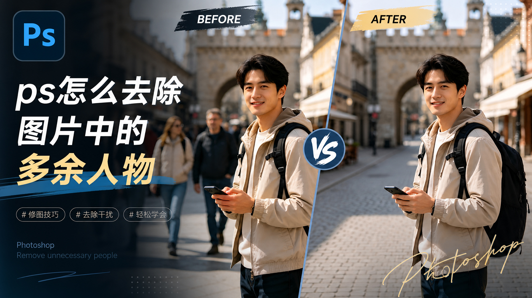 PS怎么去除多余人物？路人甲一键抹除方法教程
