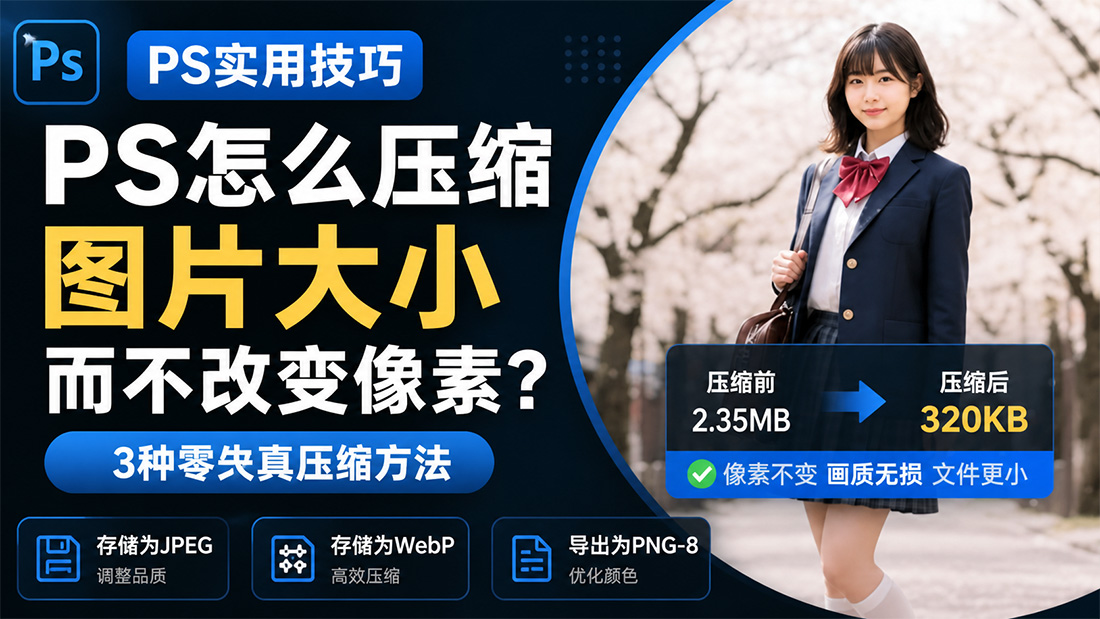 PS怎么压缩图片大小而不改变像素？3种零失真压缩方法