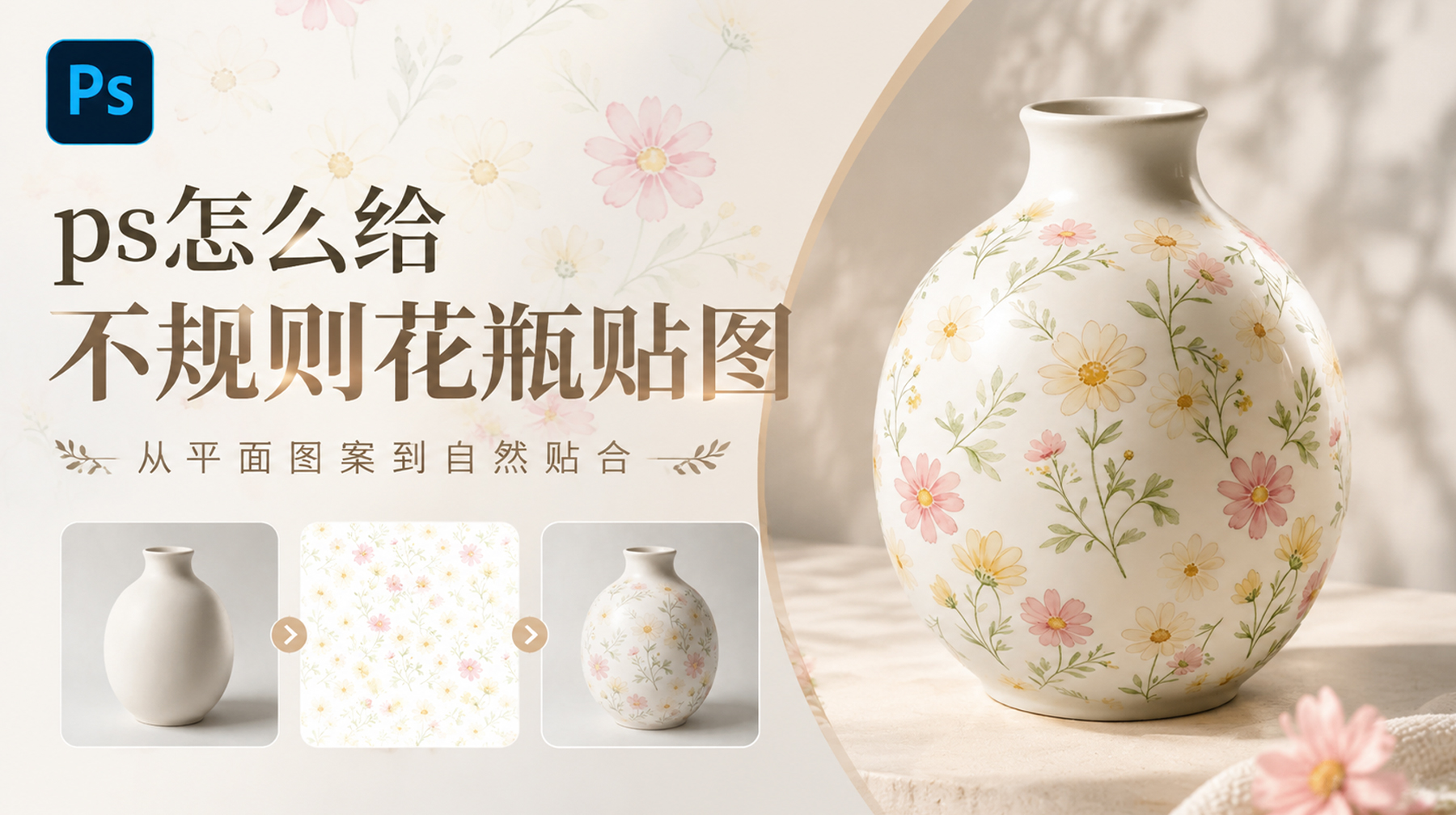PS怎么给花瓶贴图？不规则物体贴图4步搞定