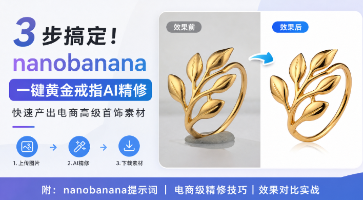 3 步搞定！nanobanana 一键黄金戒指AI精修，快速产出电商高级首饰素材（附提示词）
