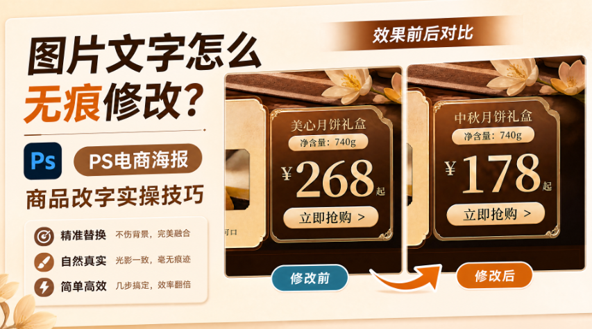图片文字怎么无痕修改?PS电商海报商品改字实操技巧