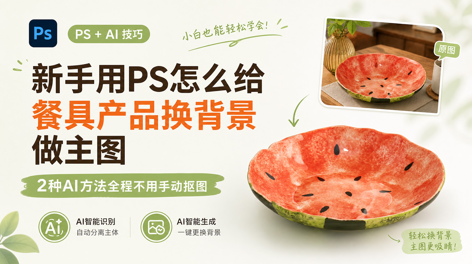 新手用PS怎么给餐具产品换背景做主图？2种AI方法全程不用手动抠图