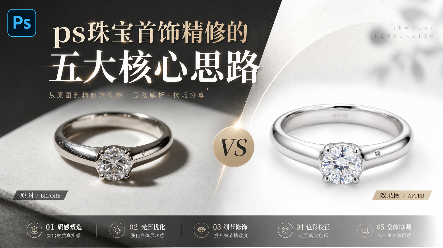 PS珠宝怎么精修提升高级质感？首饰精修五大核心思路