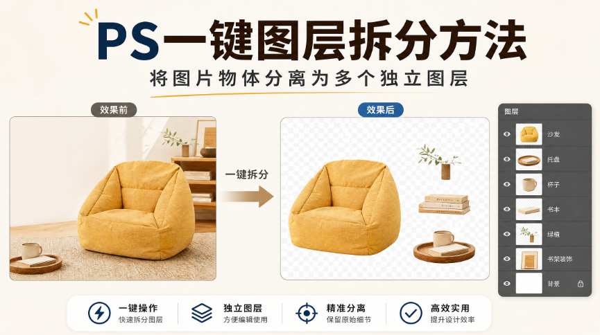PS一键图层拆分方法,将图片物体分离为多个独立图层