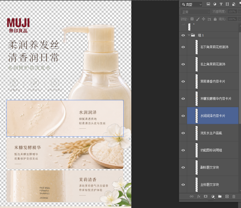 合成海报经 StartAI 拆分完成,PS 图层面板生成多个独立透明图层效果