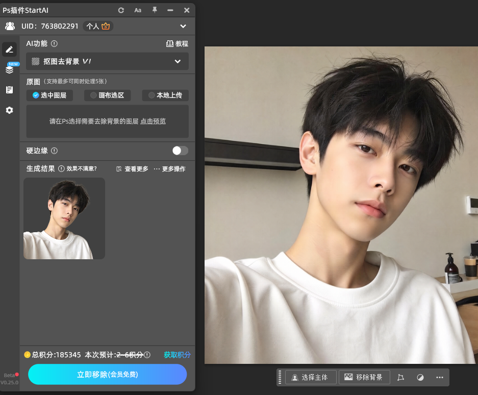 StartAI 插件 AI 智能抠图参数设置，精细模式、物体类型配置页面