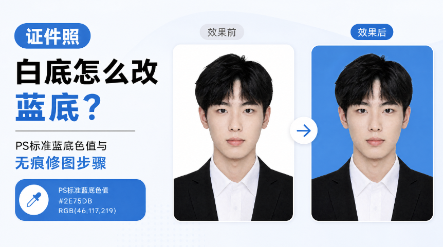 证件照白底怎么改蓝底？PS标准蓝底色值与无痕修图步骤