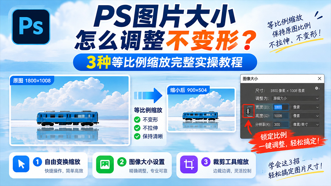 PS图片大小怎么调整不变形？3种等比例缩放完整实操教程