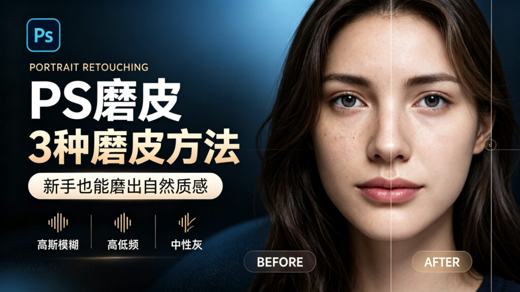PS磨皮教程封面：3种人像磨皮方法高斯模糊、高低频、中性灰，右侧为女性人像磨皮前后效果对比，新手也能磨出自然质感
