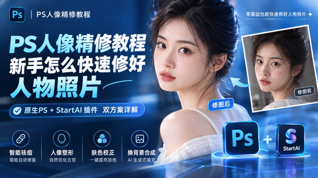 PS 人像精修教程封面海报，主题新手快速修人物照片，原生 PS+StartAI 插件双方案，展示修图前、修图后人像对比，标注智能祛痘、人像塑形、肤色校正、换背景合成功能。
